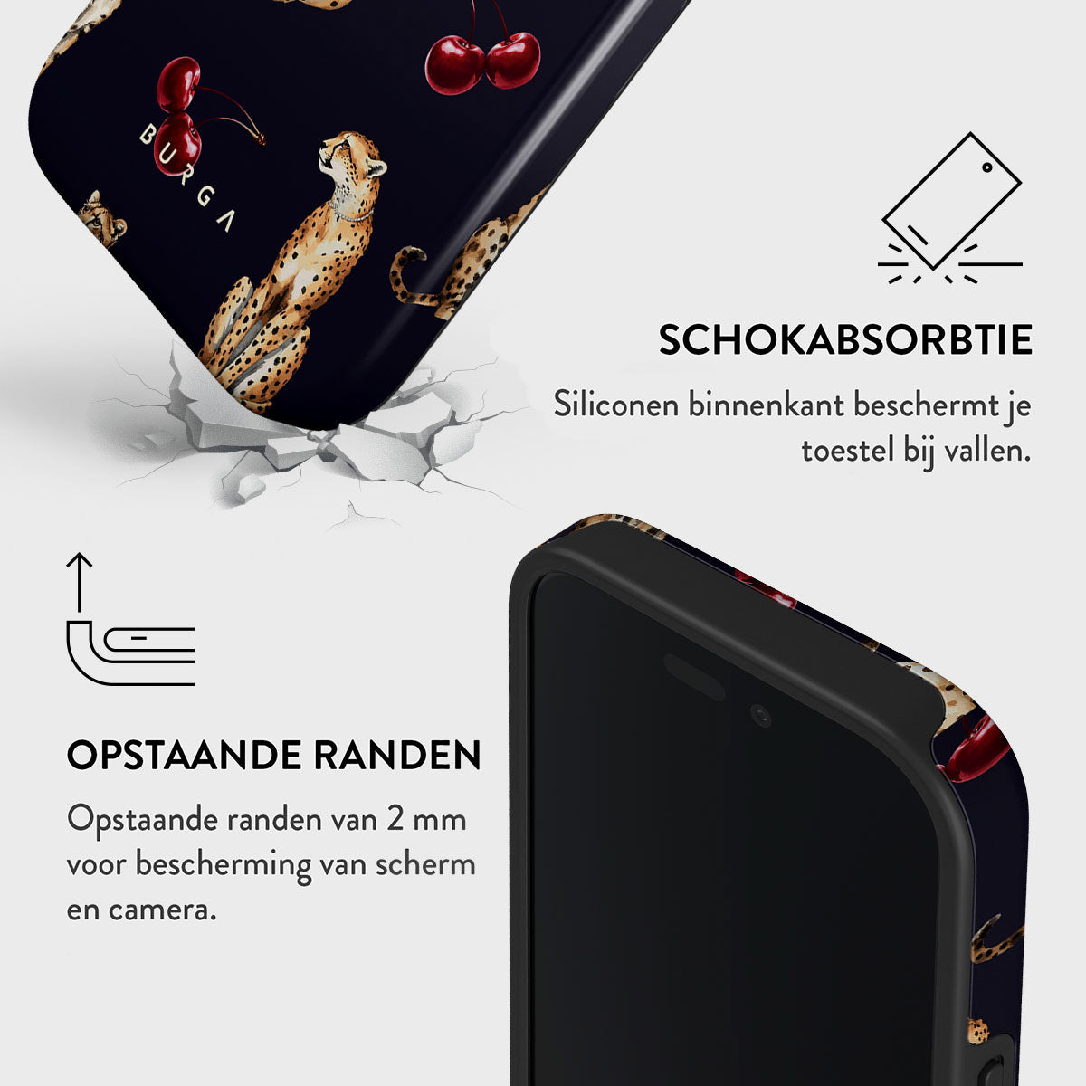 Coque de téléphone avec motif guépard et cerises. Texte : Absorption des chocs, bords surélevés pour écran et caméra.