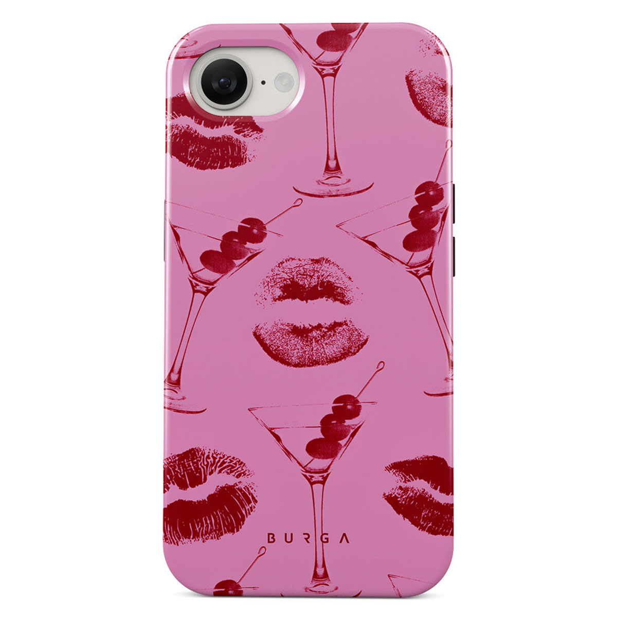 Roze telefoonhoesje met rode martini glazen, kersen en lippenstift afdrukken. Het merk 'BURGA' is onderaan gedrukt.