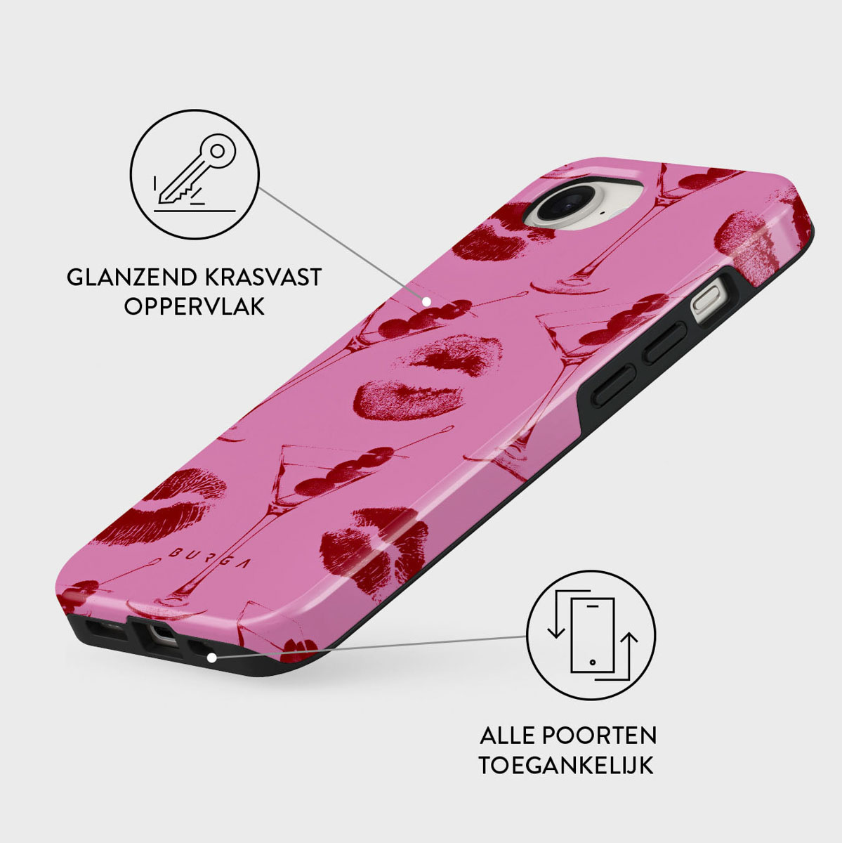 Een roze telefoonhoesje met rode lippen en martini glazen patronen. Het bevat Nederlandse tekst en diagrammen.