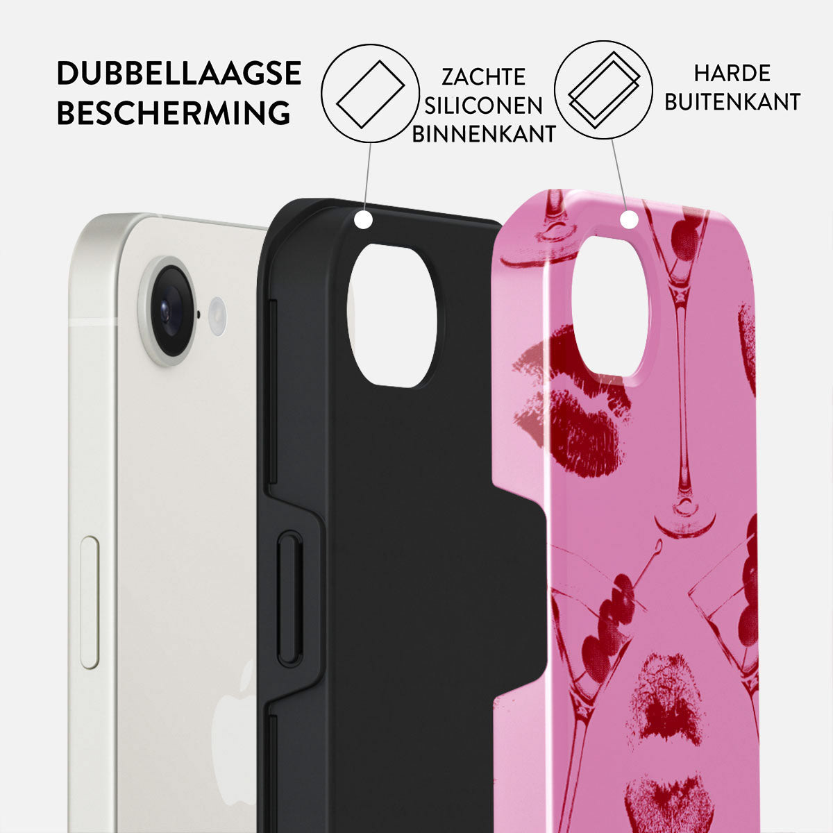 Telefoonhoesonderdelen: witte telefoon, zwarte binnenhoes, roze buitenhoes met martini- en lipafdrukken. Tekstlabels aanwezig.
