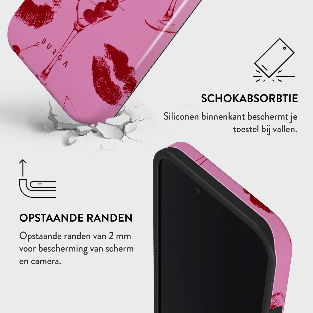 Een roze telefoonhoesje met lippenstiftafdrukken, een zwart scherm en tekst over schokabsorptie en verhoogde randen.