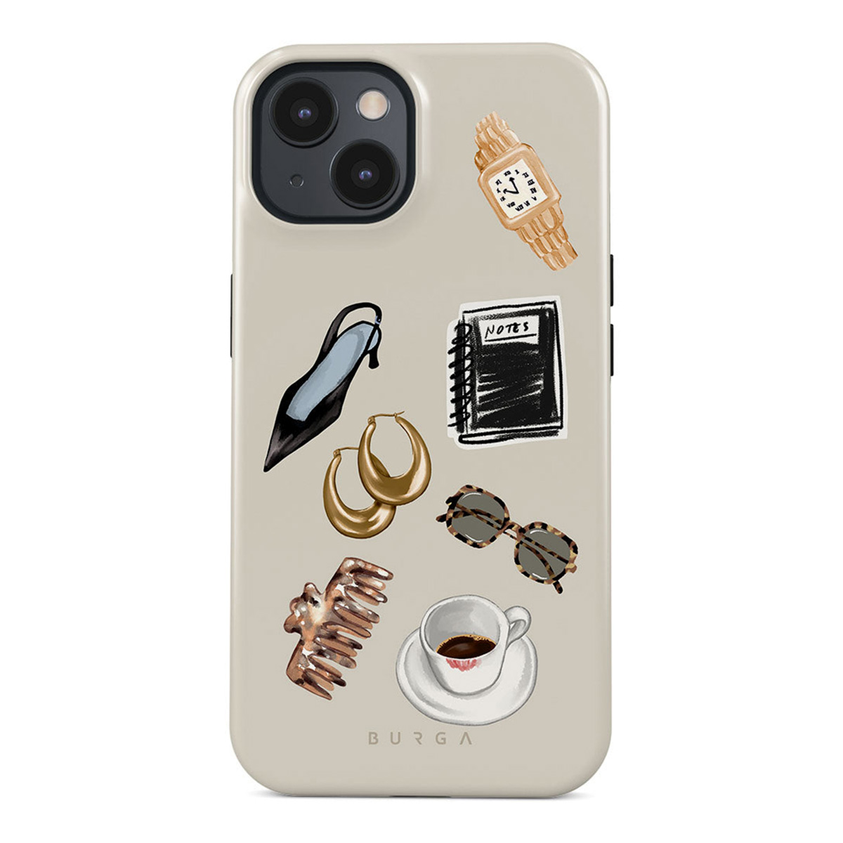 Telefoonhoesje met illustraties van diverse accessoires: horloge, hakken, oorbellen, zonnebril, notities, kam en een koffiekopje.