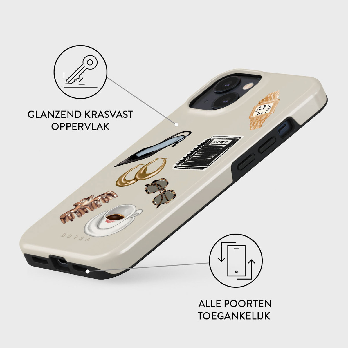 Een telefoonhoesje met diverse illustraties: een horloge, oorbellen, zonnebril, koffiekopje en pen. De hoes is beige met zwarte accenten.