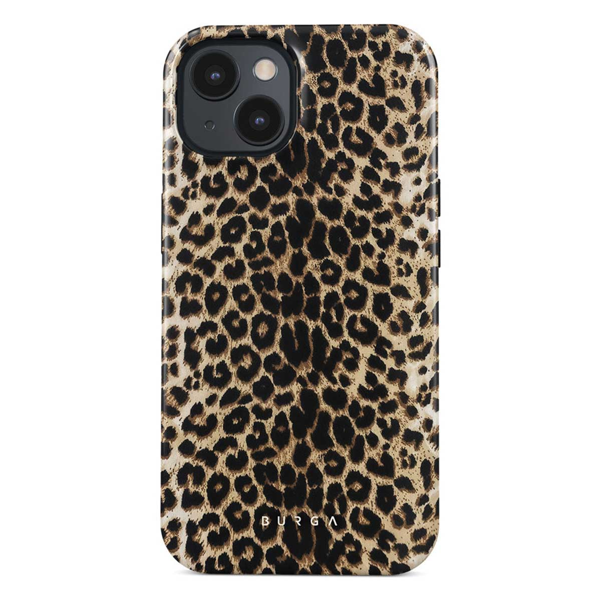 Een iPhone-hoesje met een luipaardprint. De hoes is bruin met donkerbruine vlekken, met cameralenzen bovenaan.