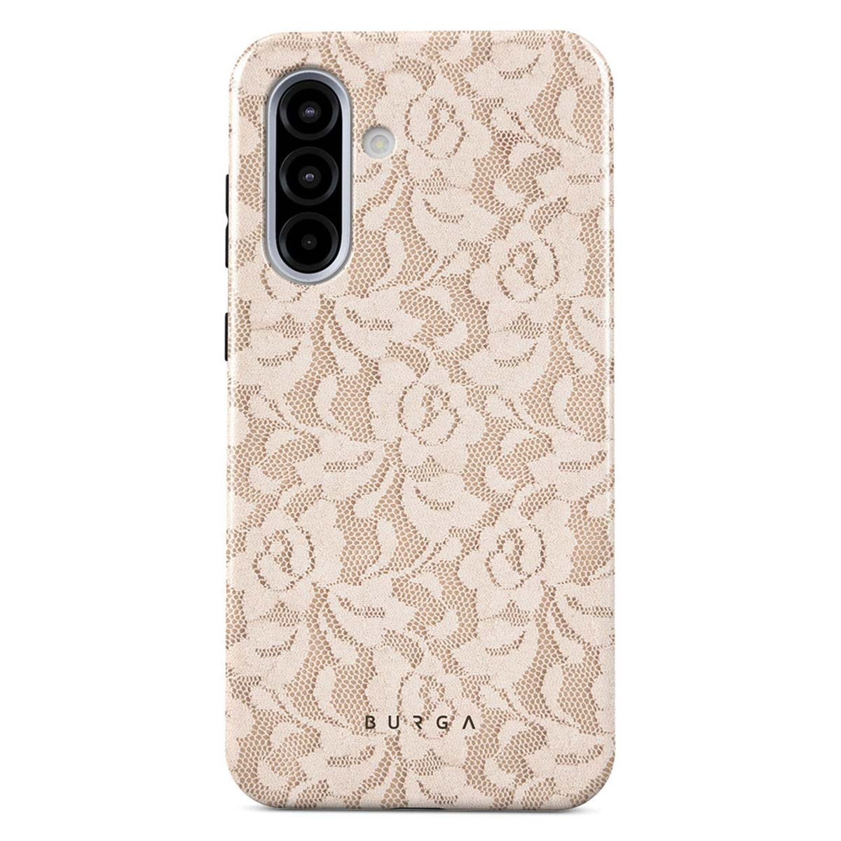 Een telefoonhoesje met een bloemen kanten patroon. De hoes is beige met een cameramodule bovenaan en het BURGA-logo onderaan.