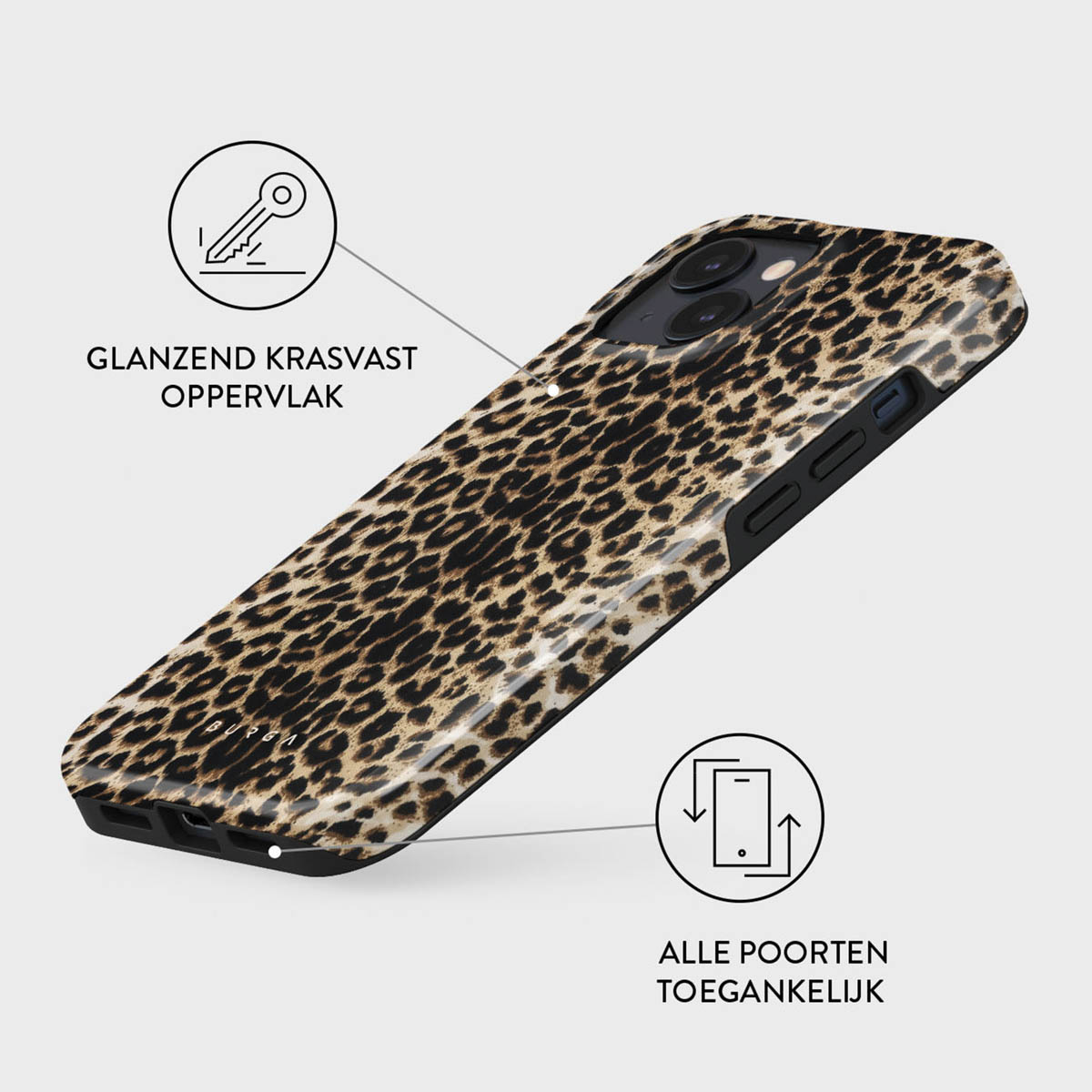 Een telefoonhoesje met een luipaardprint design. De hoes is glanzend en toont de camera en knoppen. Nederlandse tekst beschrijft functies.