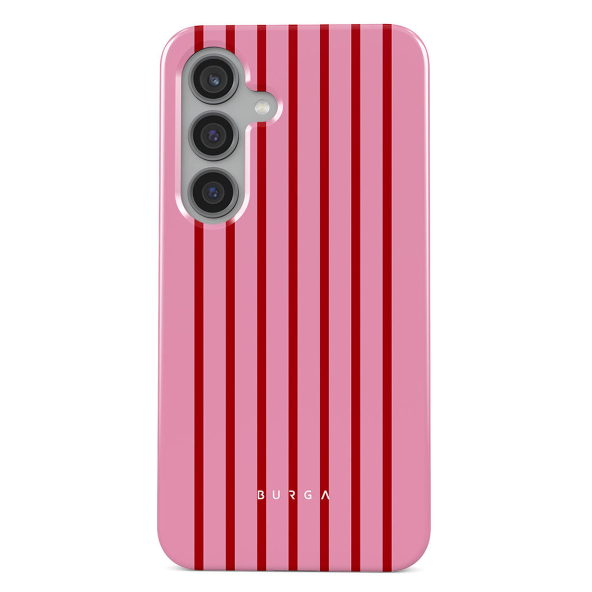 Een roze telefoonhoesje met rode verticale strepen. Het heeft een cameramodule linksboven en het merk 'BURGA' onderaan.