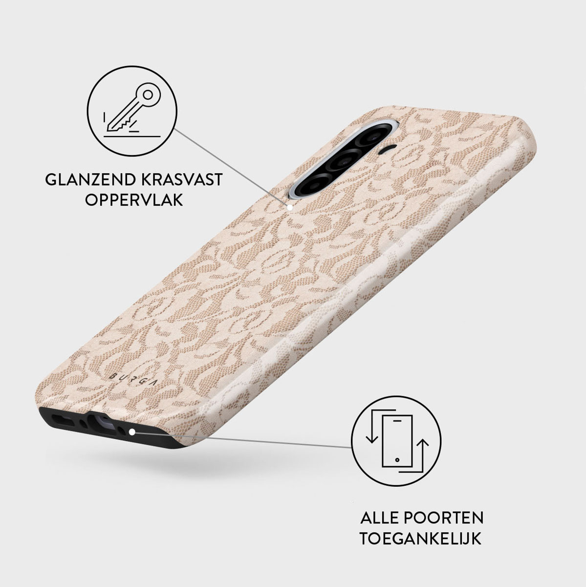 Een telefoonhoesje met een beige bloemenpatroon. Het heeft een glanzend, krasbestendig oppervlak. Nederlandse tekst geeft toegankelijke poorten aan.