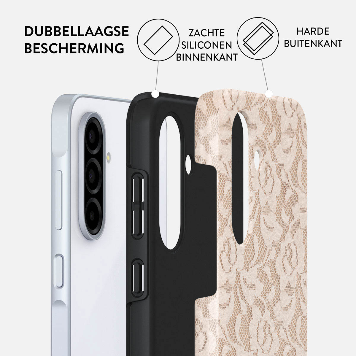 Een telefoonhoesje met lagen: telefoon, zwarte hoes en een beige buitenlaag met patroon. Tekst: dubbellaagse bescherming, zachte siliconen binnenkant, harde buitenkant.