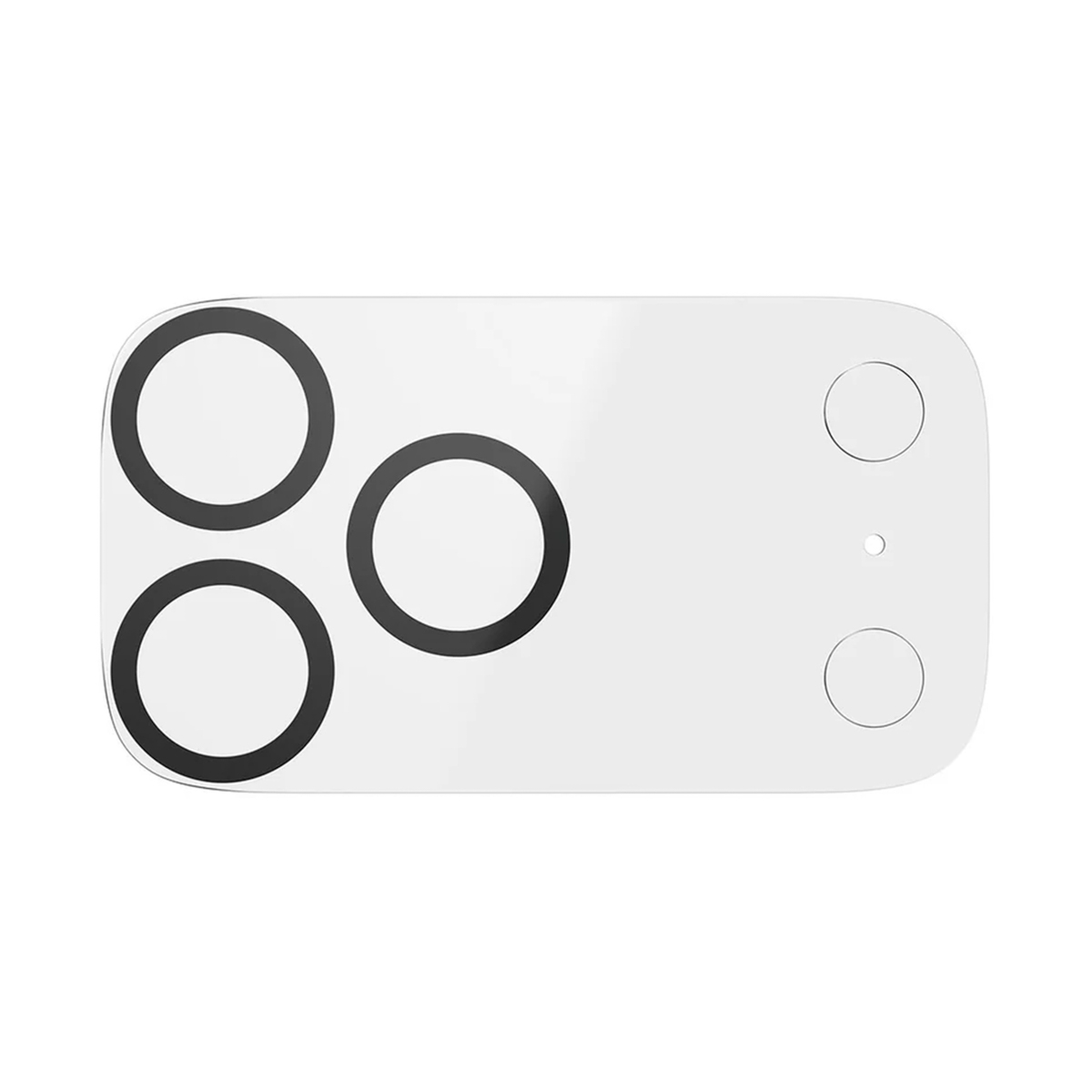 Protezione per fotocamera del telefono bianca con cerchi neri. Tre grandi cerchi a sinistra, due più piccoli a destra. Piccolo punto.