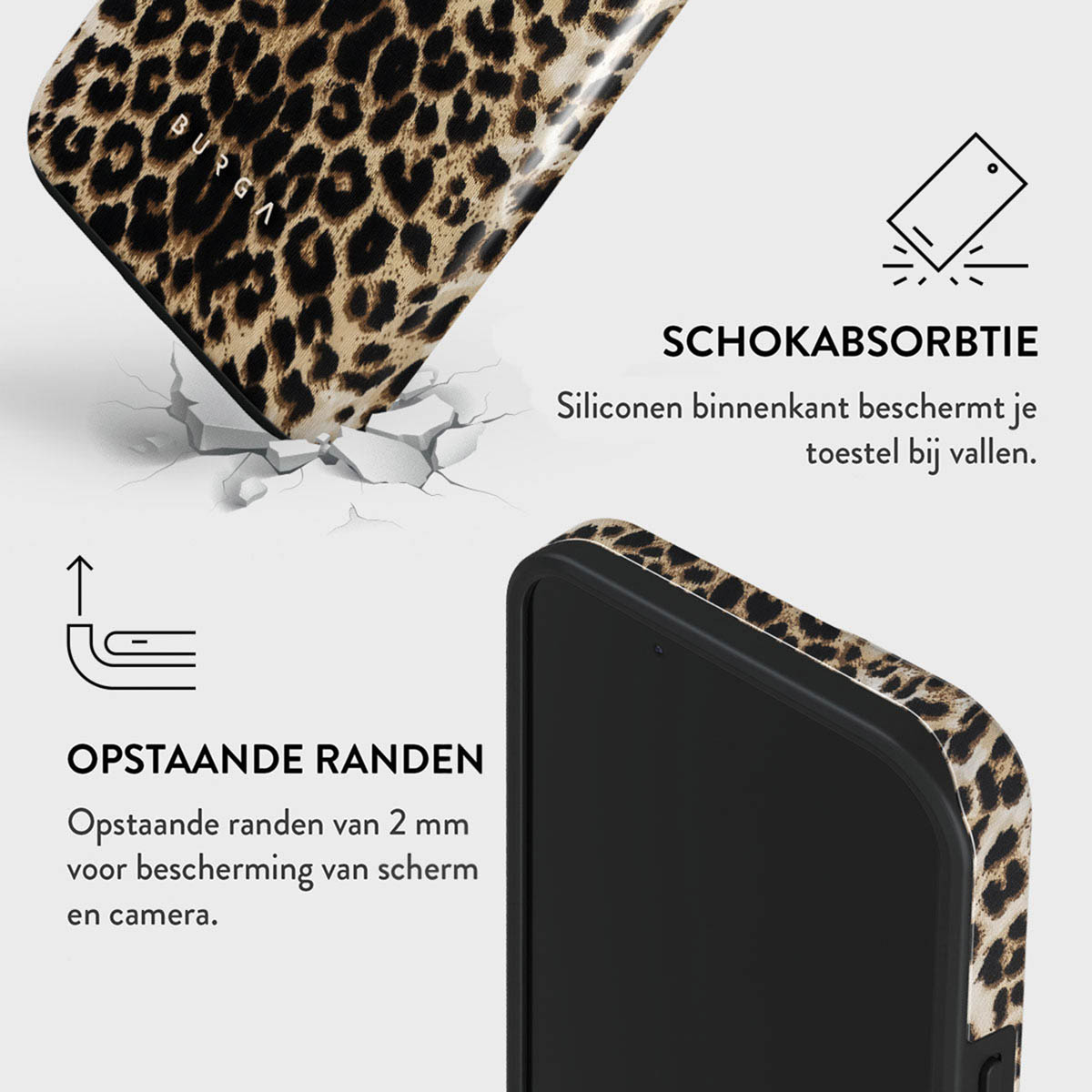 Een telefoonhoesje met een luipaardprint. De tekst benadrukt schokabsorptie en verhoogde randen voor scherm- en camerabescherming.