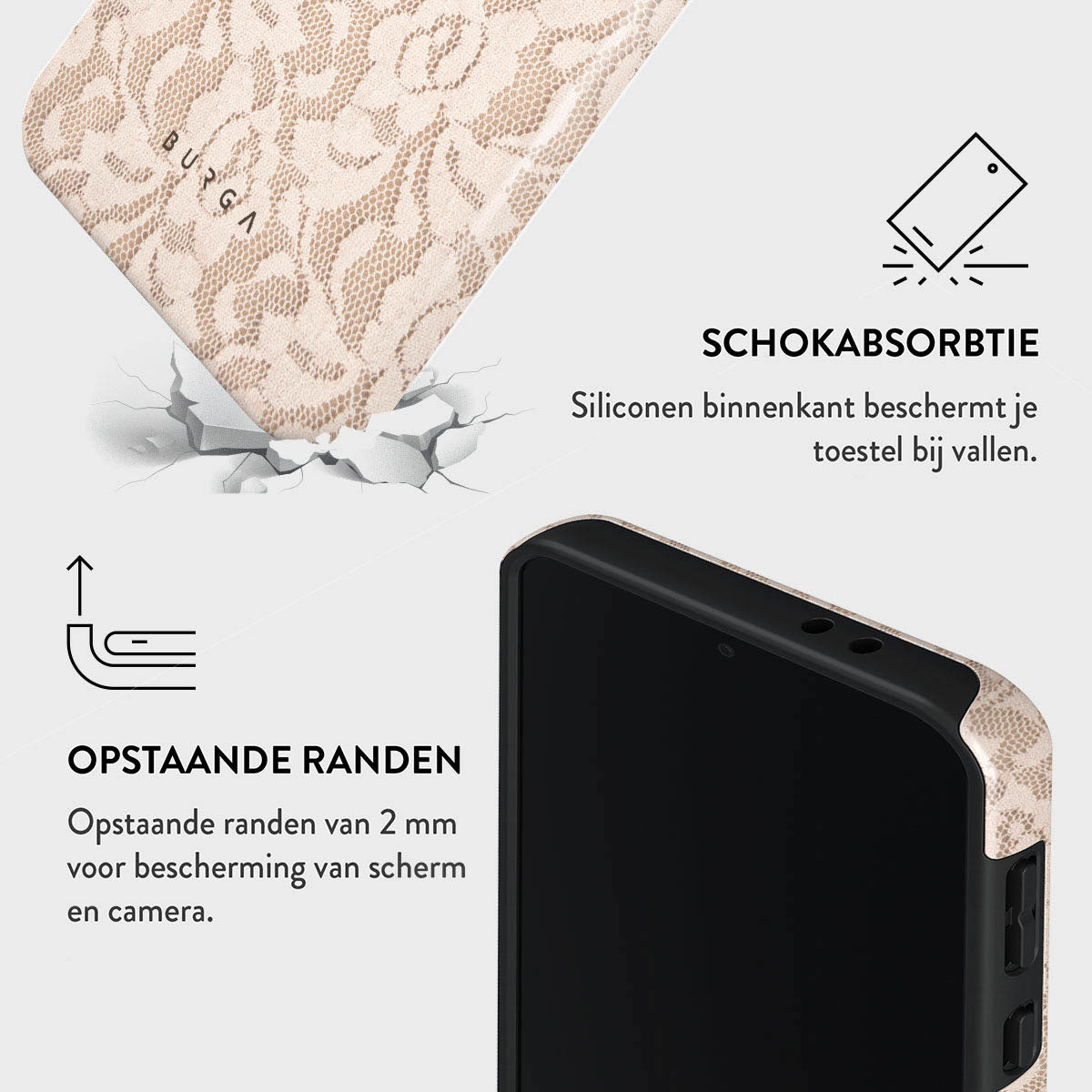Een telefoonhoesje met een beige bloemenpatroon, een zwarte telefoon en tekst over schokabsorptie en verhoogde randen.