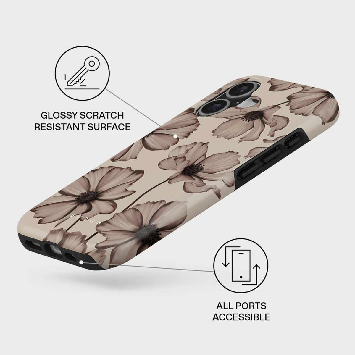 Een telefoonhoesje met bruin bloemenpatroon. Het heeft een glanzend, krasbestendig oppervlak en alle poorten zijn toegankelijk. Voorzien van een sleutel- en telefoonicoon.