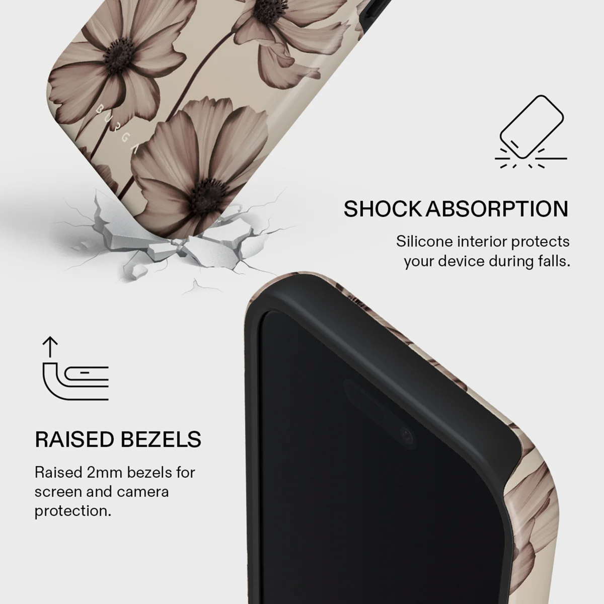 Telefoonhoesje met bloemenmotief. Kenmerken zijn verhoogde randen voor schermbescherming en schokabsorptie.