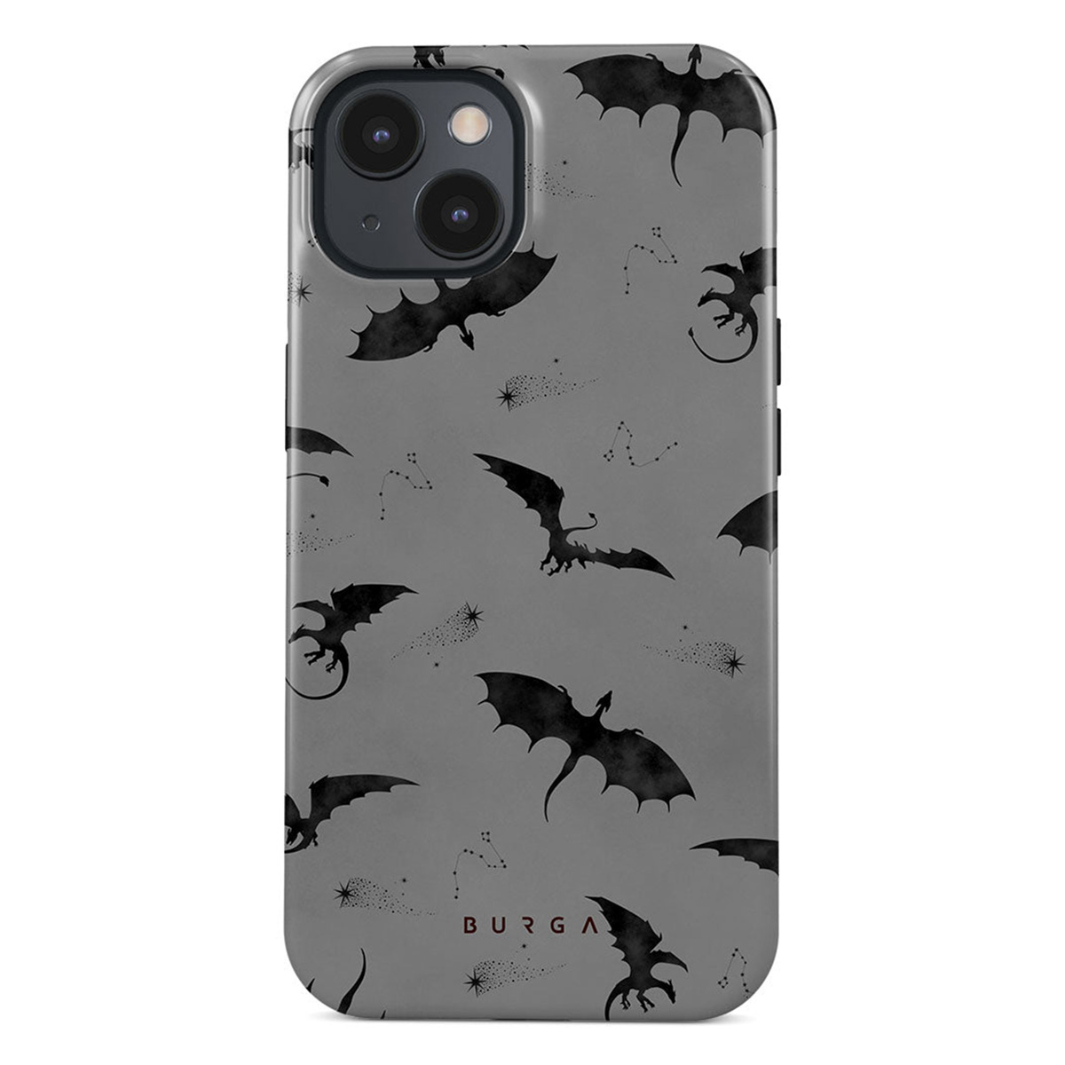 Een telefoonhoesje met zwarte draken silhouetten op een grijze achtergrond. Sterrenbeelden en sterren zijn ook aanwezig in het ontwerp.