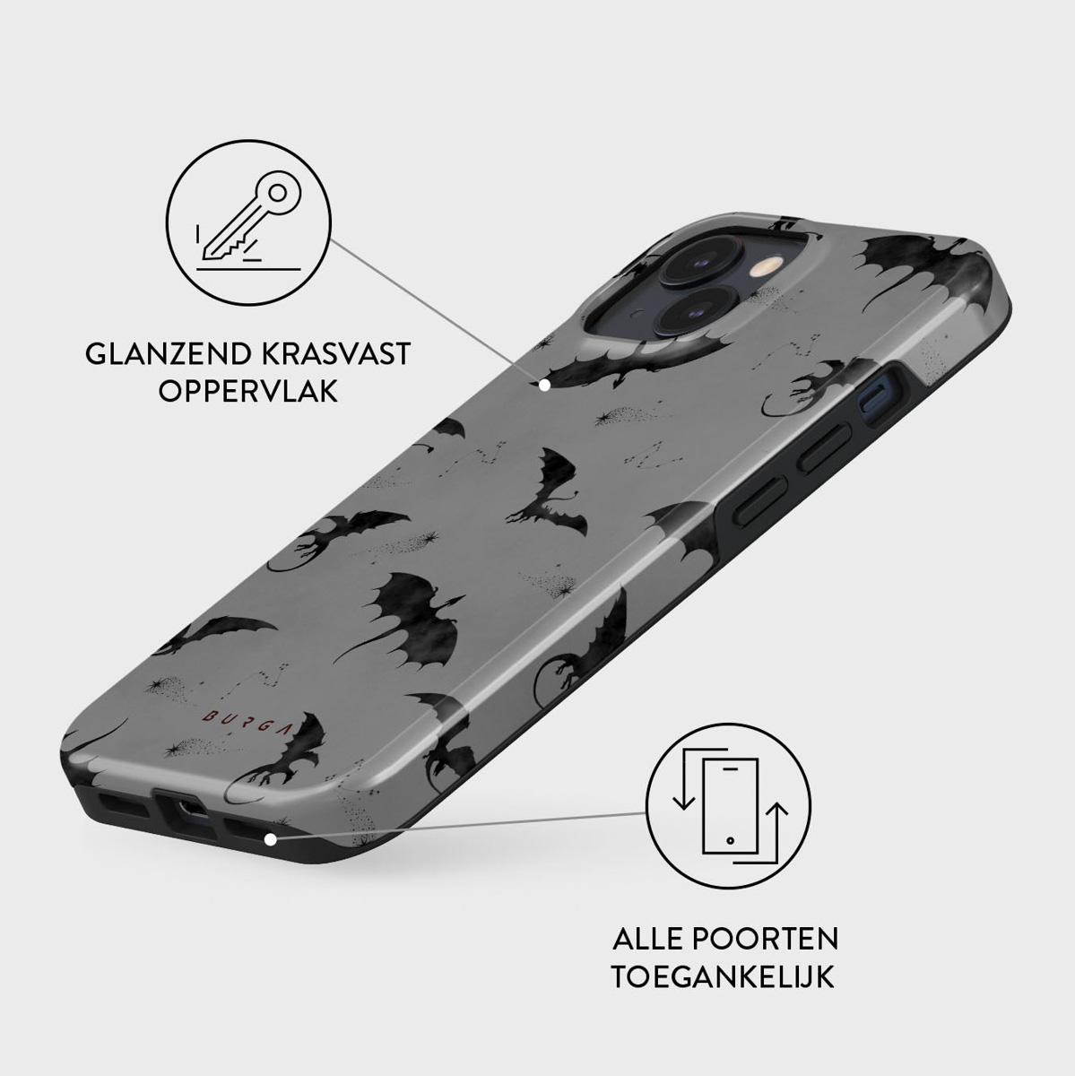 Een telefoonhoesje met een drakenpatroon op een grijze achtergrond. De afbeelding toont ook belangrijke kenmerken en tekst over de hoes.