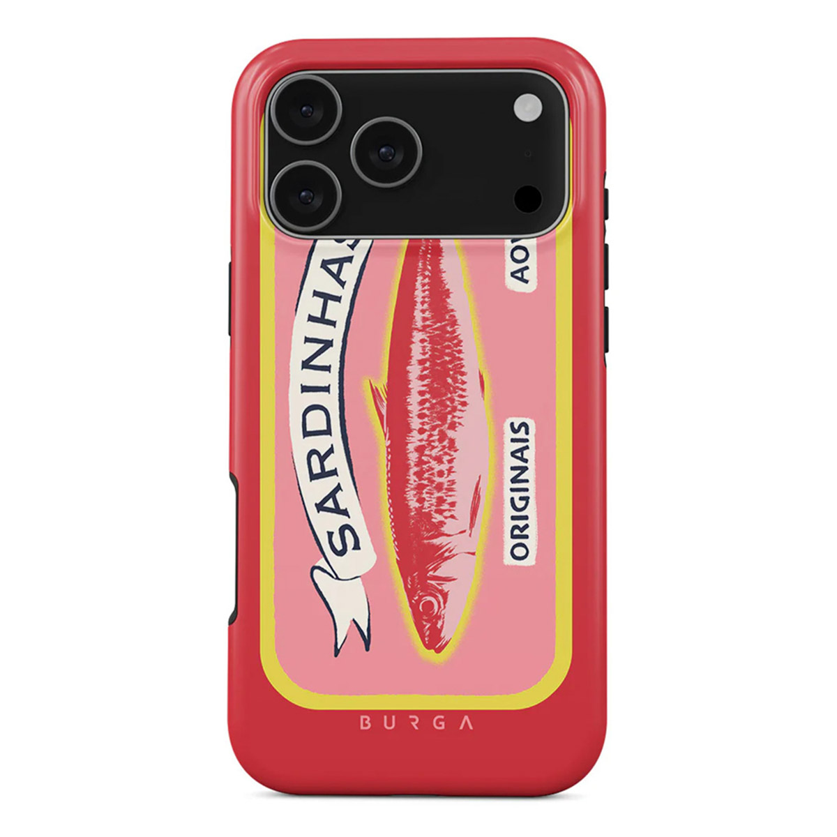 Une coque d'iPhone rouge avec un design de boîte de sardines. La boîte est rose avec une illustration de poisson rouge et du texte en portugais.