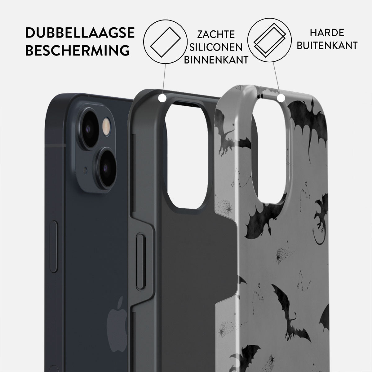 Drie telefoonhoesjes in lagen. De binnenhoes is donkergrijs. De middelste is zwart en de buitenste grijze hoes heeft zwarte drakensilhouetten.