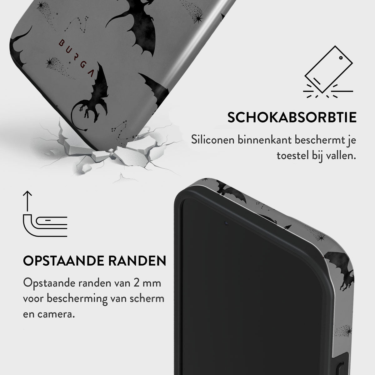 Een telefoonhoesje met drakenontwerp wordt getoond, met andere elementen zoals het scherm en de tekst 'SCHOKABSORBTIE' en 'OPSTAANDE RANDEN'.