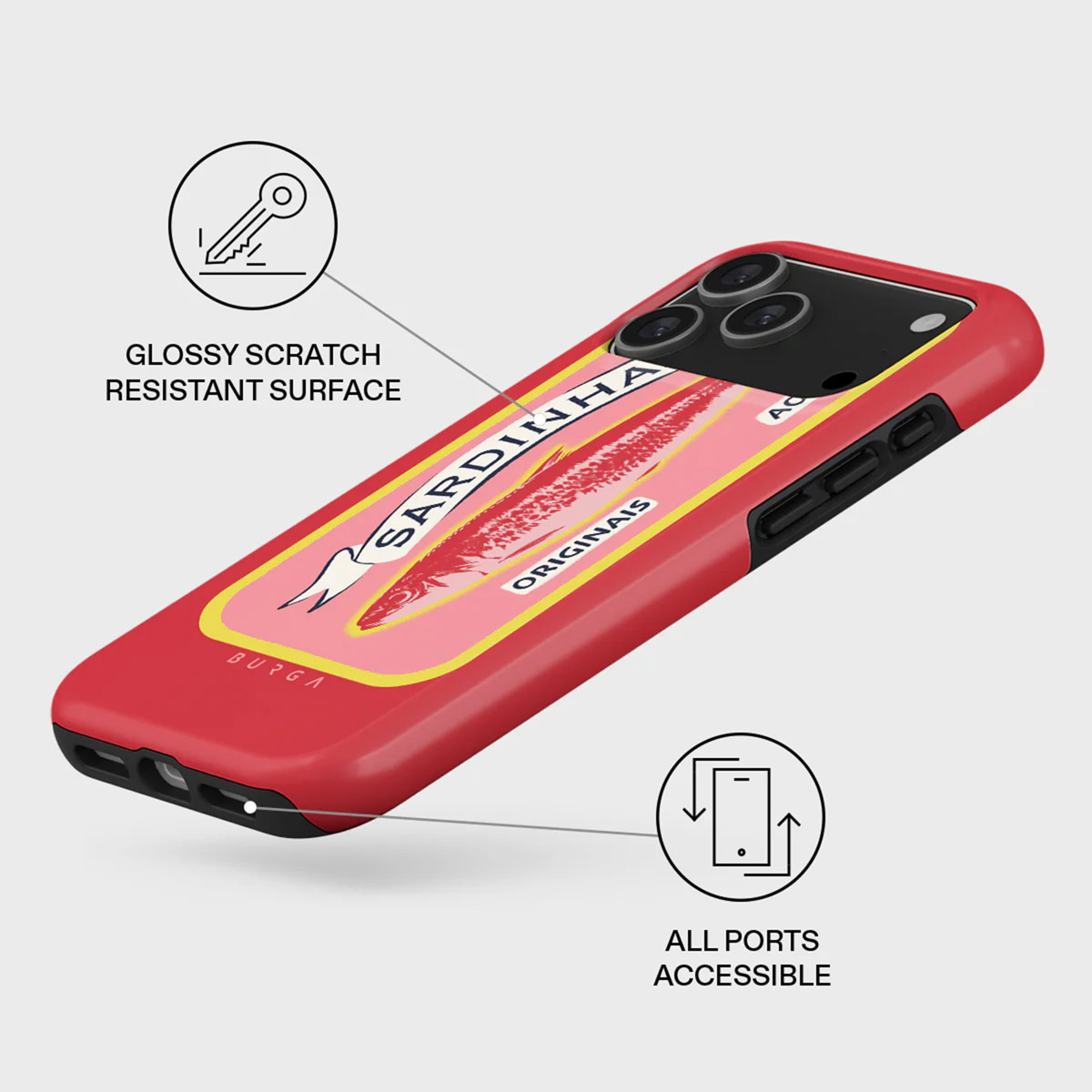 Une coque de téléphone rouge avec un design de boîte de sardines. La coque a une finition brillante et tous les ports sont accessibles.