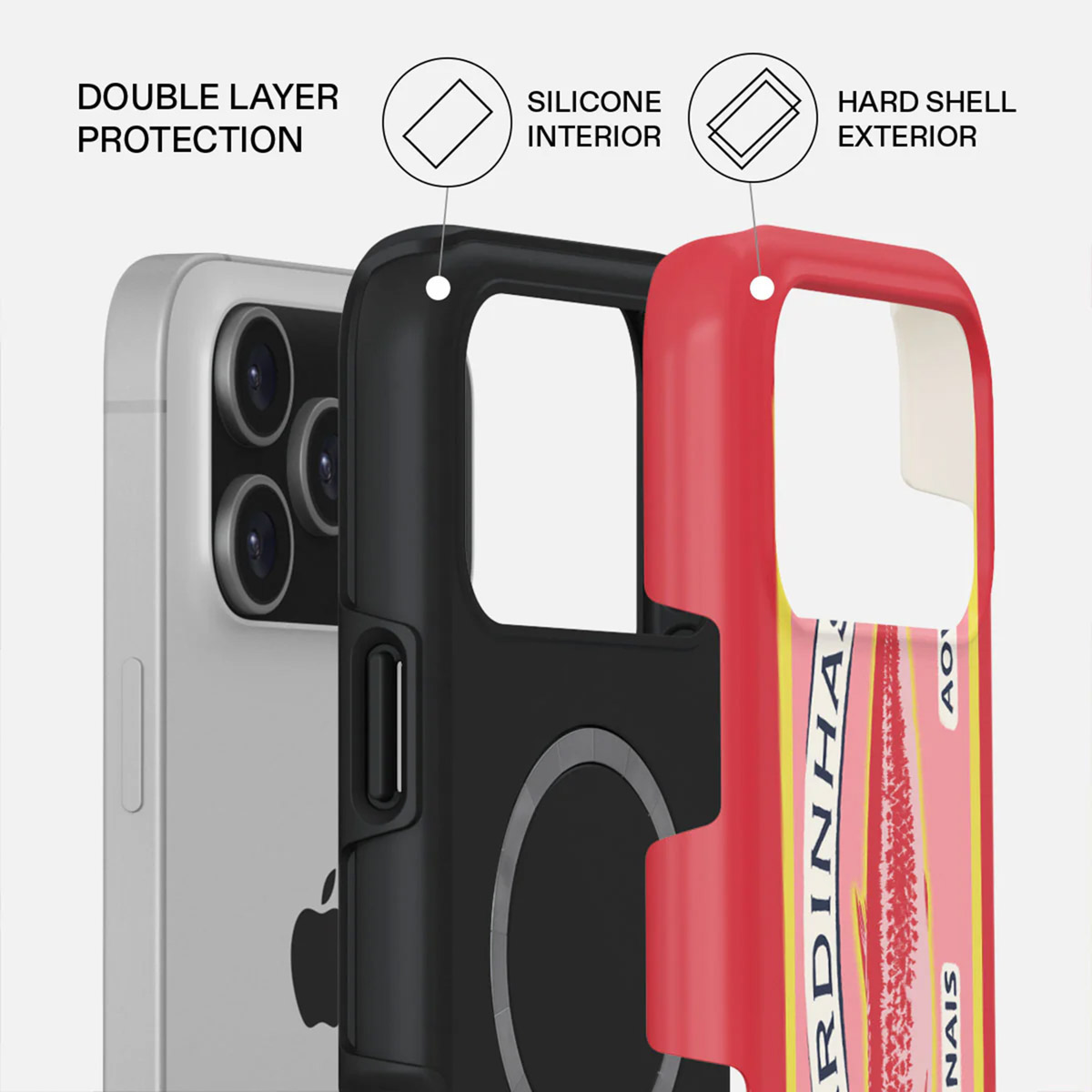 Coque de téléphone avec double couche de protection, intérieur en silicone et extérieur rigide. Coque rouge et noire, avec téléphone visible.