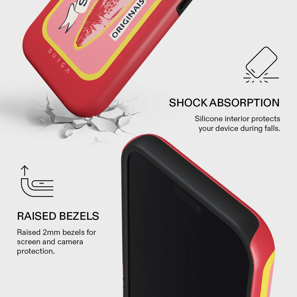Coque de téléphone rouge avec un motif de poisson. Le texte souligne l'absorption des chocs et les bords surélevés.