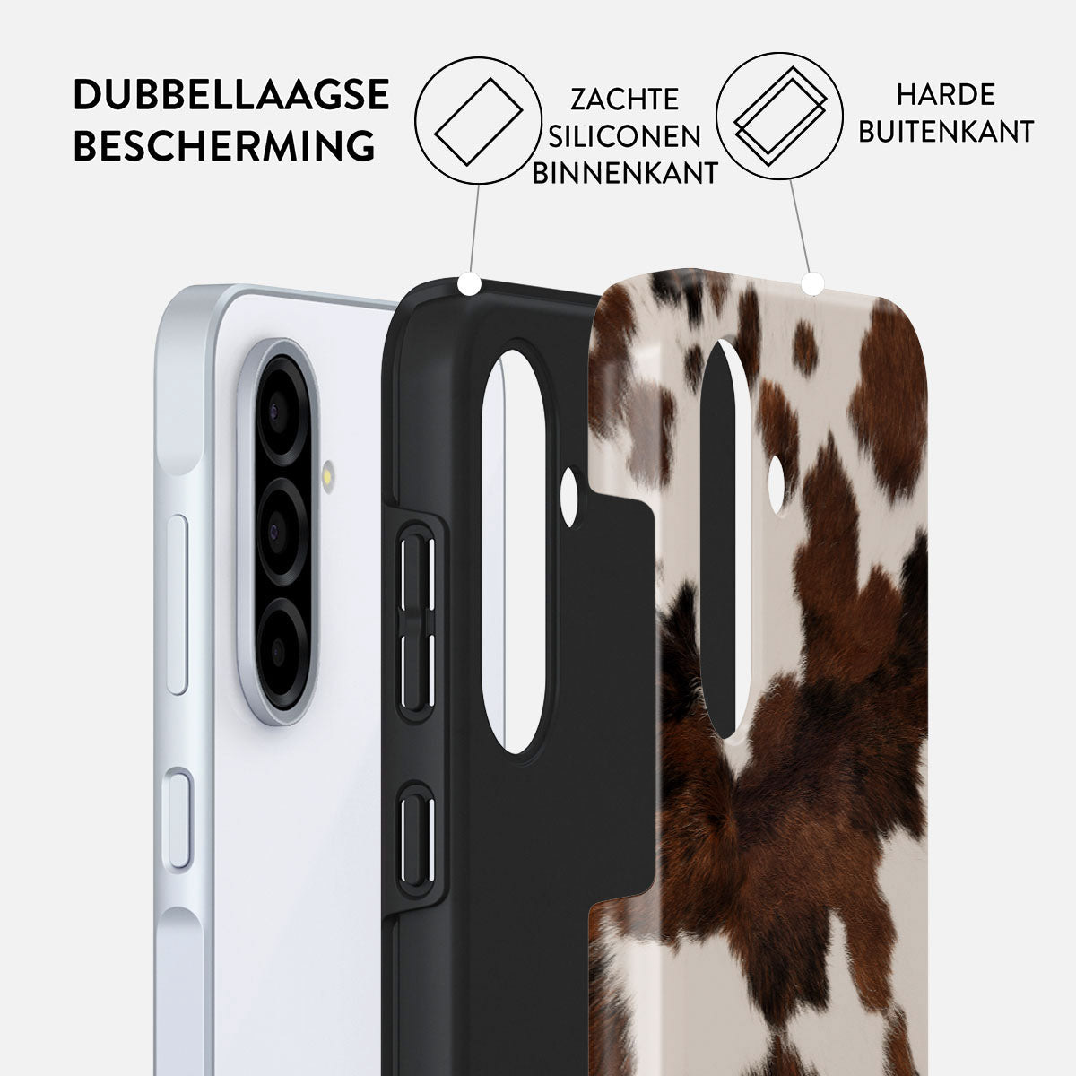 Telefoonhoesje met koeienhuidpatroon, met lagen: telefoon, zwart frame, koeienhuid cover. Tekst: dubbellaagse bescherming, zachte siliconen binnenkant, harde buitenkant.
