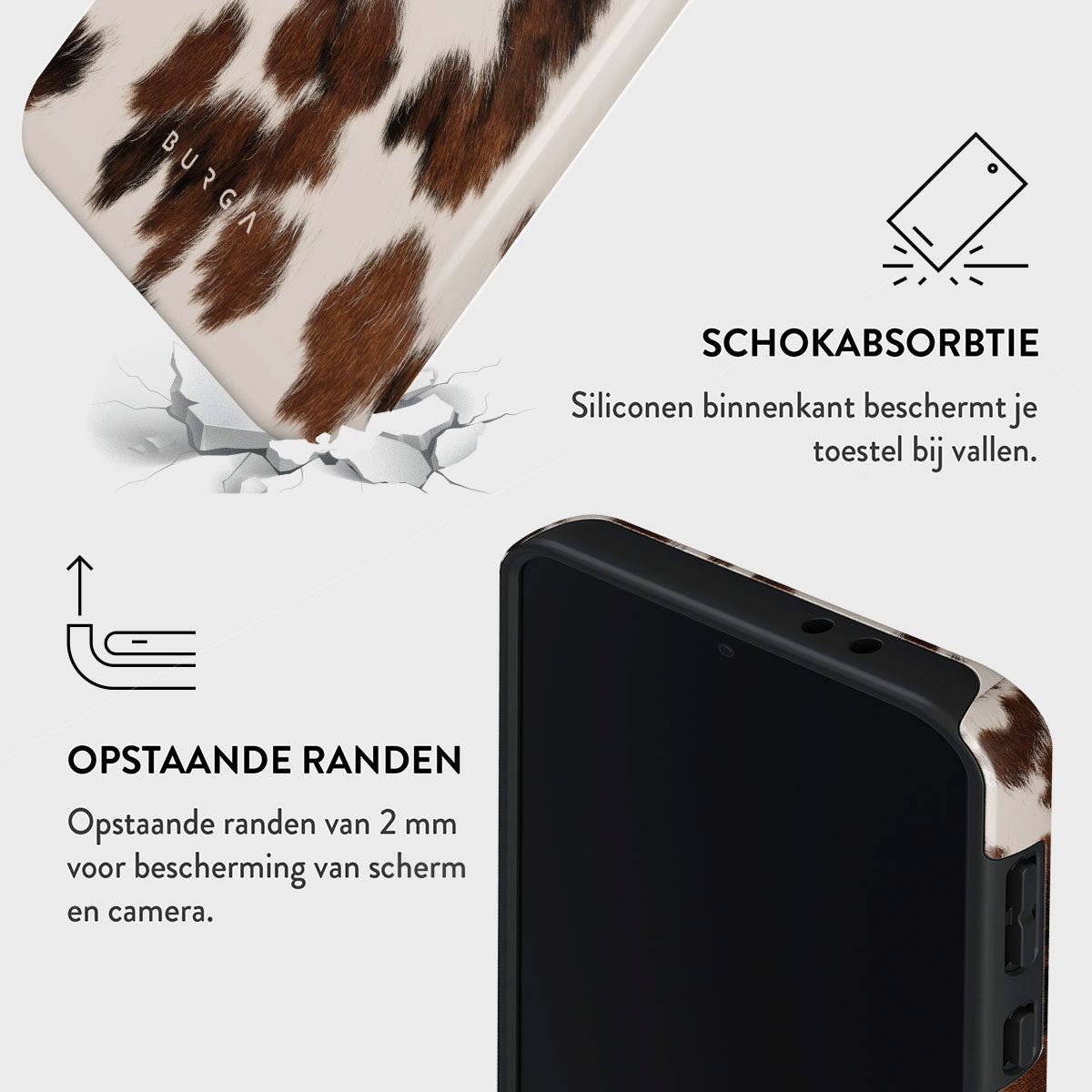 Een telefoonhoesje met een koeienhuidpatroon wordt getoond. Het heeft verhoogde randen en schokabsorptie-eigenschappen, met tekst die scherm- en camerabescherming aangeeft.