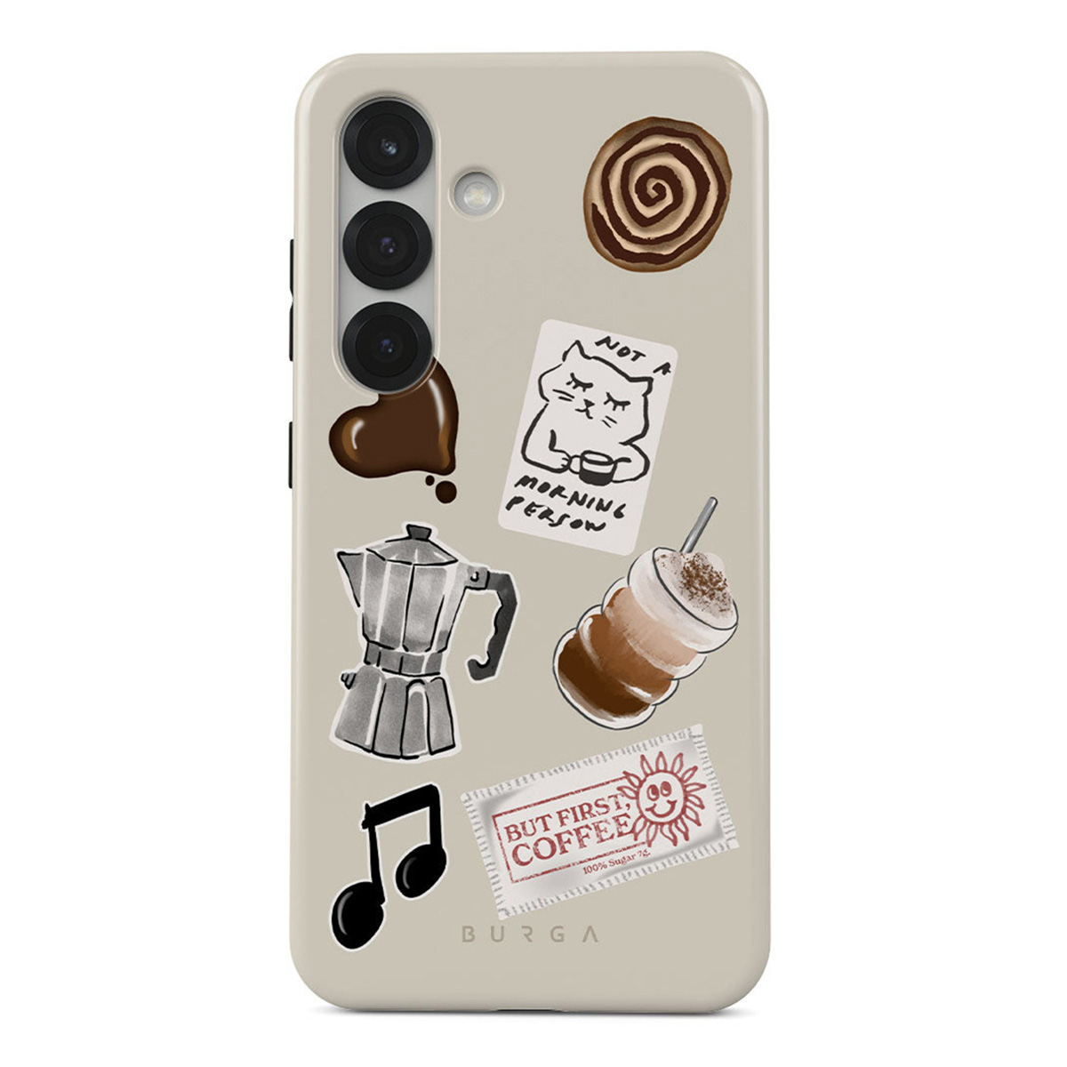 Telefoonhoesje met stickers met koffiethema: koffiepot, koffiekopje, hart, kaneelbroodje, muzieknoot en een kat die zegt, geen ochtendmens.