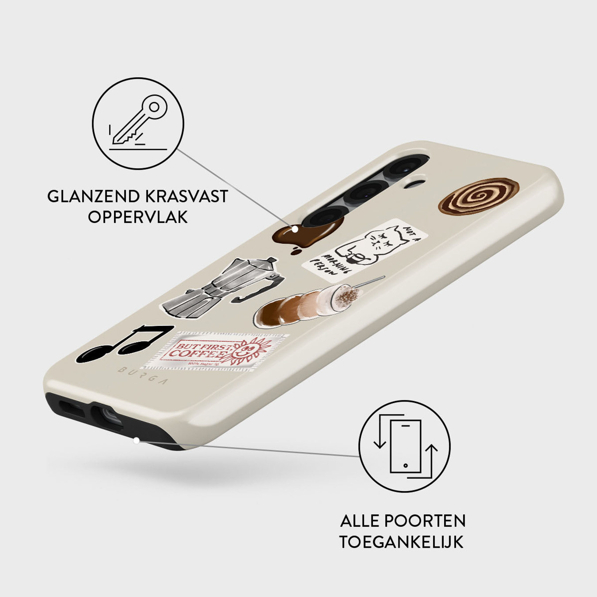 Een telefoonhoesje met koffie-thema stickers, waaronder een koffiepot en een kat, op een lichtbeige achtergrond. Nederlandse tekst.