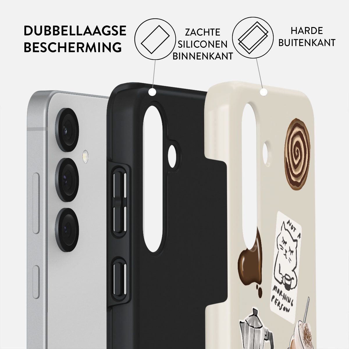 Telefoonhoes met zachte siliconen binnenkant en harde buitenkant. Stickers met kat en koffie-elementen.