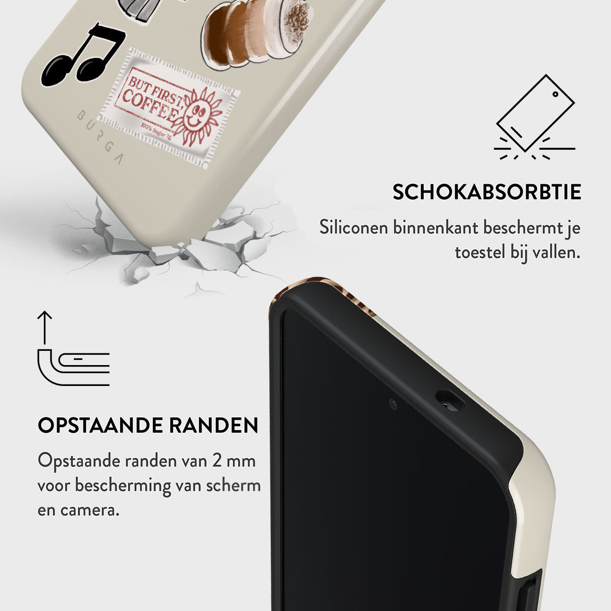 Een telefoonhoesje met stickers met koffiethema wordt getoond. De tekst luidt 'But first coffee'. De hoes zit in de buurt van een telefoon en grafische elementen.