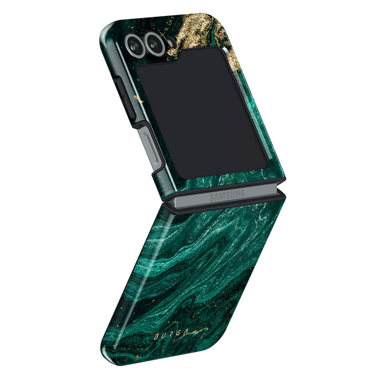Een groen en goudkleurig Samsung-telefoon, gedeeltelijk open. Met gouden accenten, twee camera's en het Samsung-logo.