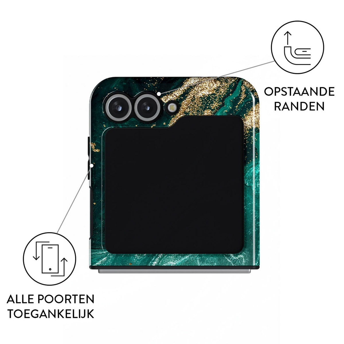 Telefoon met groen en goud marmer design. Tekst geeft verhoogde randen en toegankelijke poorten aan. Twee cameralenzen zijn zichtbaar.