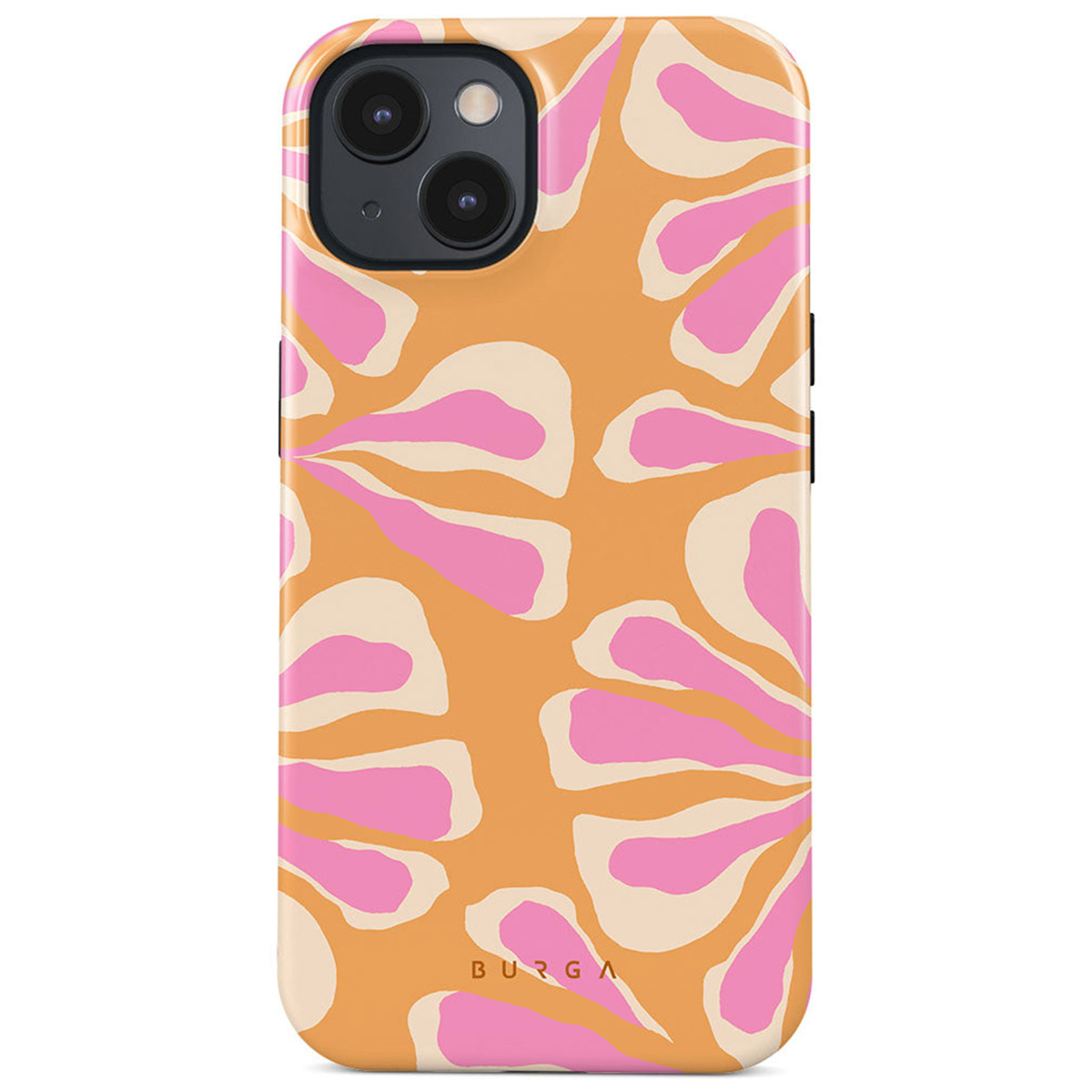 Une coque de téléphone avec un fond orange et un motif floral rose et beige. Le téléphone a une caméra et la marque "BURGA" est visible.