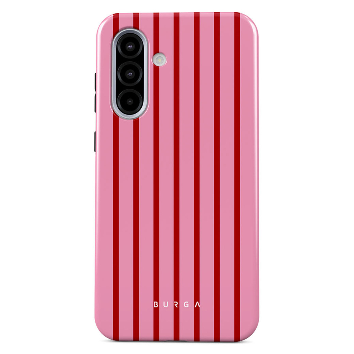 Een roze telefoonhoesje met verticale rode strepen. Het heeft een camera-array en het merk "BURGA" onderaan. Witte achtergrond.