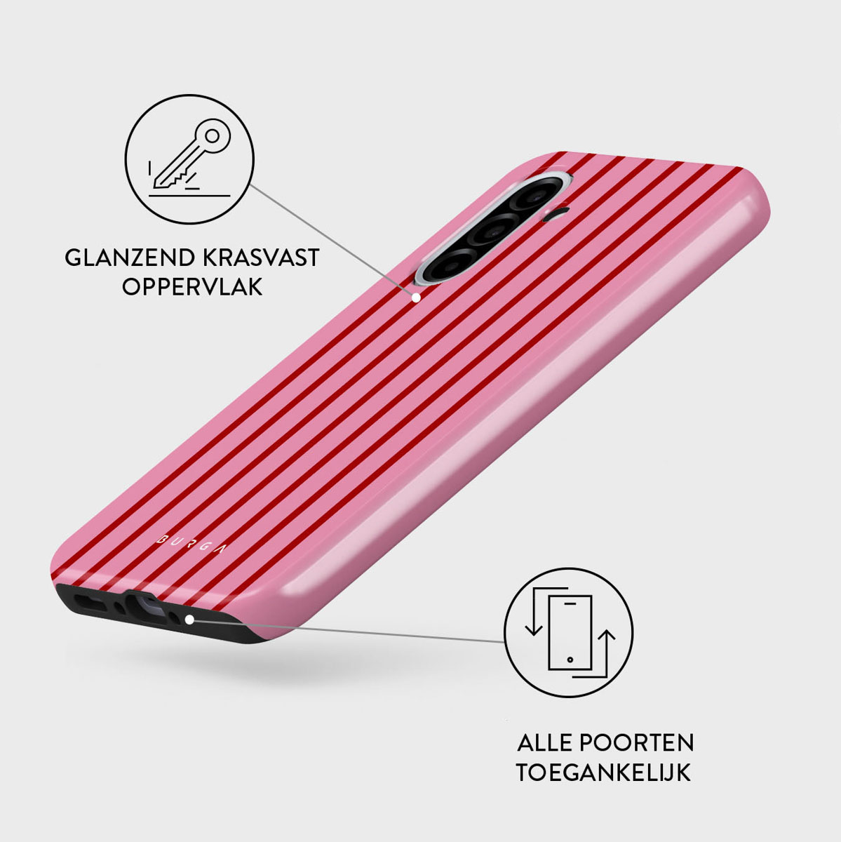 Roze telefoonhoesje met rode strepen. Nederlandse tekst: 'glanzend krasvast oppervlak' en 'alle poorten toegankelijk'.
