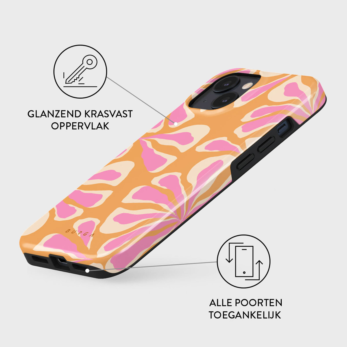Une coque de téléphone avec un motif floral orange, rose et beige. Elle a des bords noirs et est légèrement inclinée, avec des étiquettes.