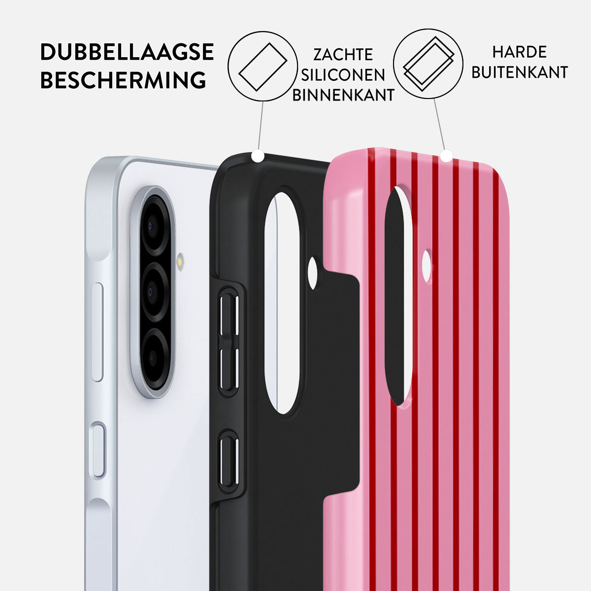 Een telefoonhoesje met een witte telefoon erin, een zwarte middenlaag en een roze gestreepte buitenlaag, gelabeld als dubbellaags bescherming.