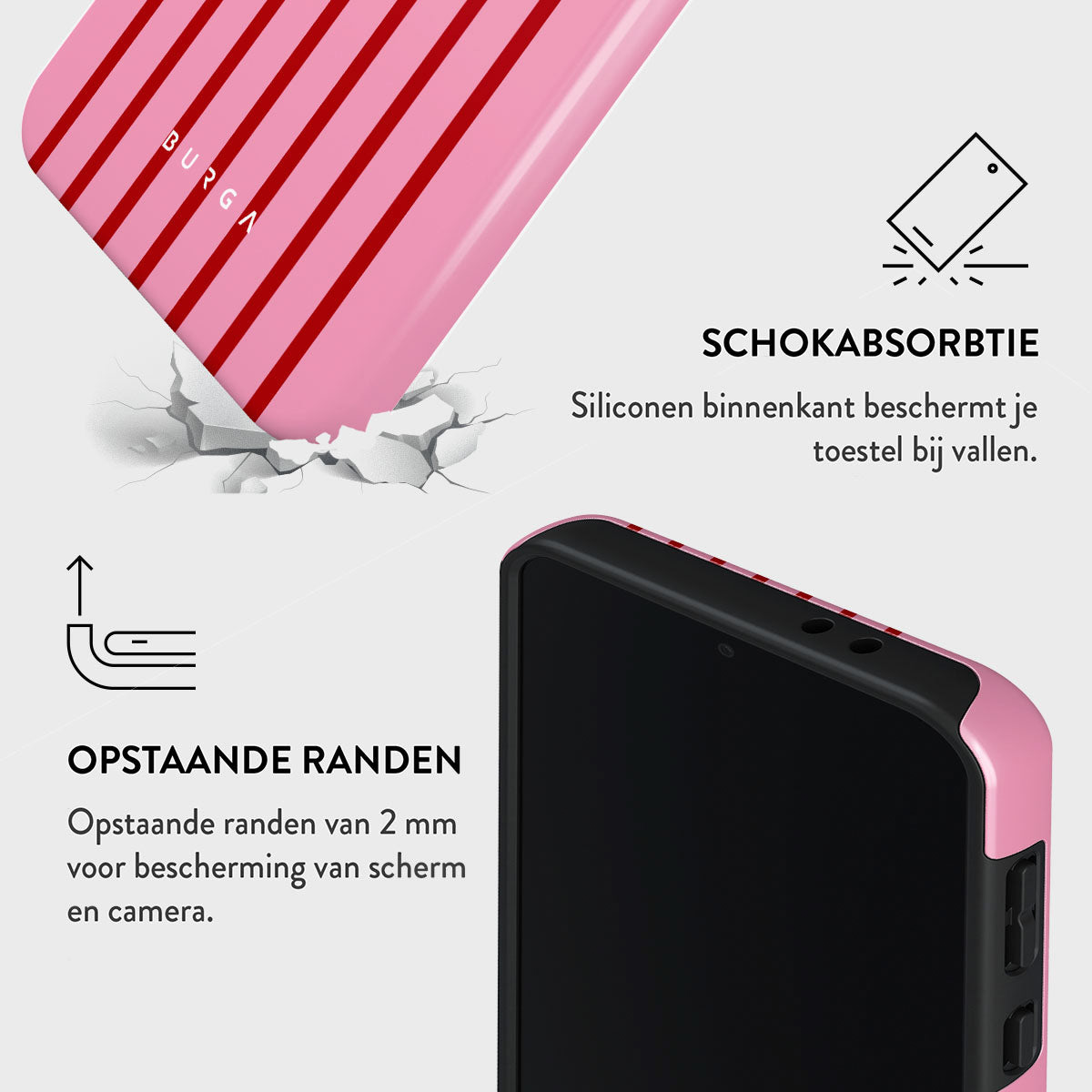 Roze telefoonhoesje met rode strepen, getoond met een telefoon. Tekst: Schokabsorptie, verhoogde randen voor scherm- en camerabescherming.