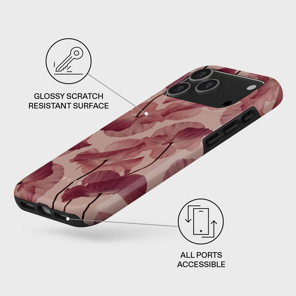 Een telefoonhoesje met een bloemenpatroon in roze en rode tinten. Het heeft een glanzende afwerking en alle poorten zijn toegankelijk, zoals aangegeven door de tekst.