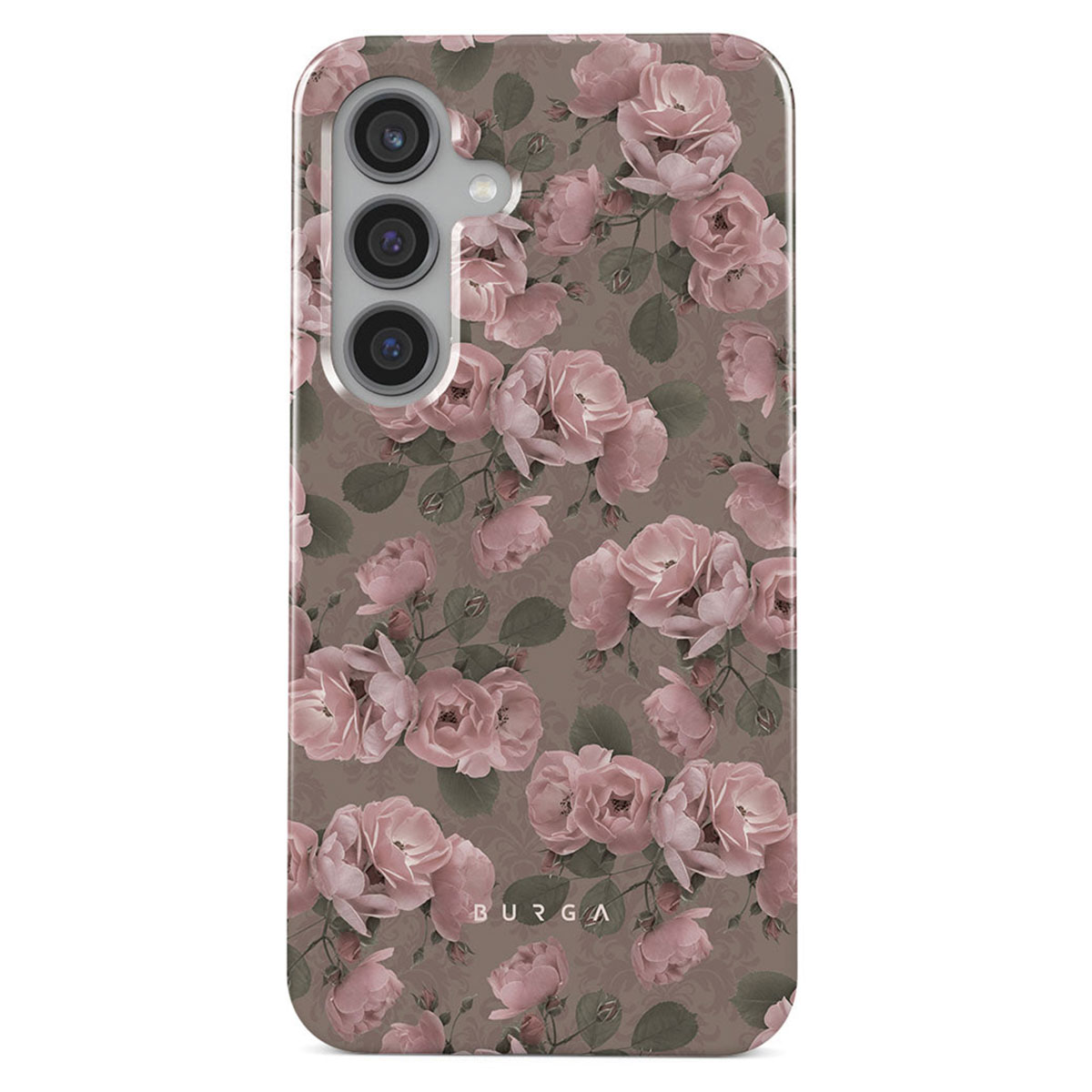 Coque de téléphone à motif floral. Roses rose clair sur fond marron. Le téléphone a trois caméras.