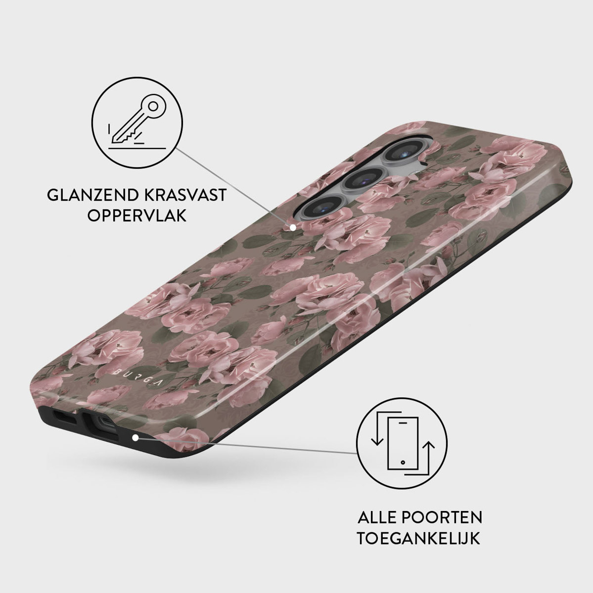 Une coque de téléphone avec un motif floral, avec des roses roses sur un fond marron. Elle comporte du texte indiquant une surface brillante et résistante aux rayures.