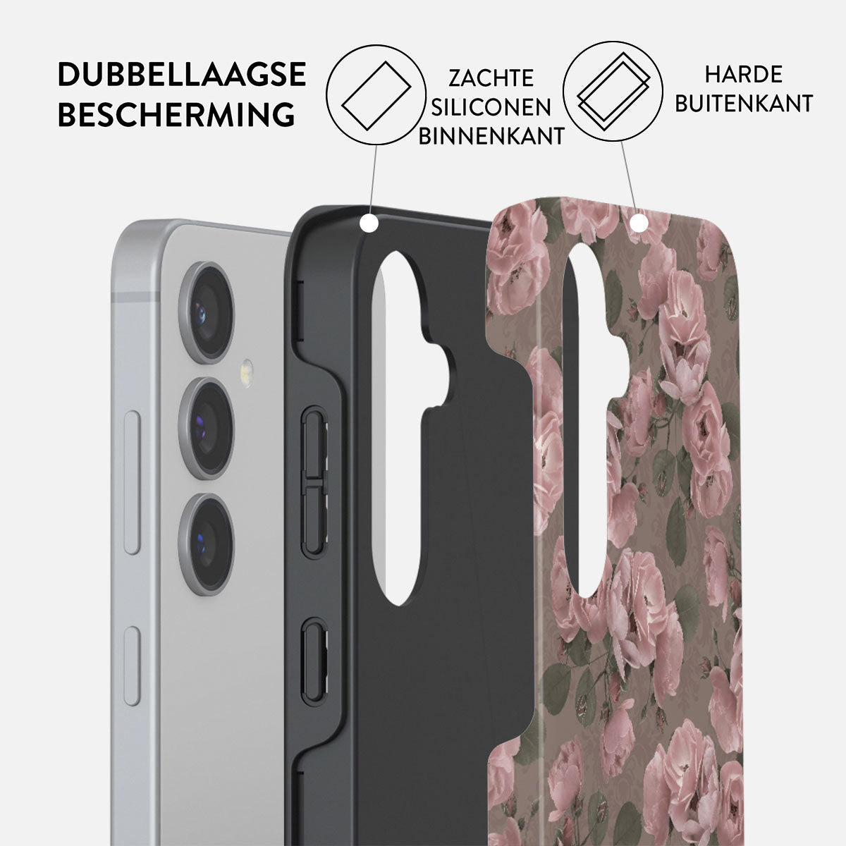 Coque de téléphone à trois couches : téléphone, intérieur noir et extérieur floral. Le texte indique une protection double couche.