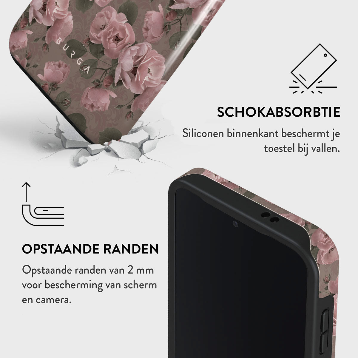 Coque de téléphone avec motif de roses roses. Le texte dit 'absorption des chocs' et 'bords surélevés' pour la protection de l'écran/caméra.