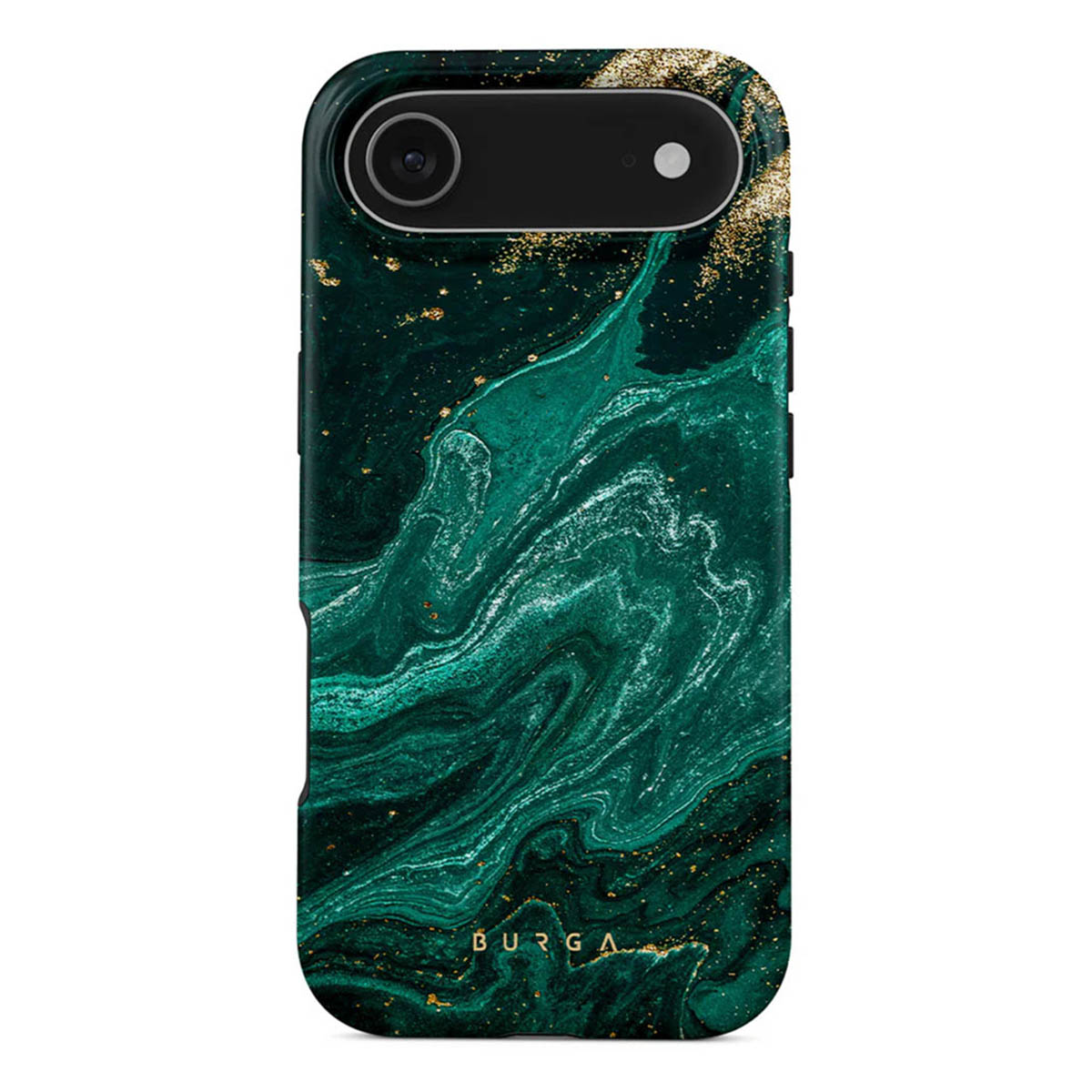 Een telefoonhoesje met een groen marmerontwerp en gouden accenten. De hoes heeft een uitsparing voor de camera en het merk 'BURGA' is zichtbaar.