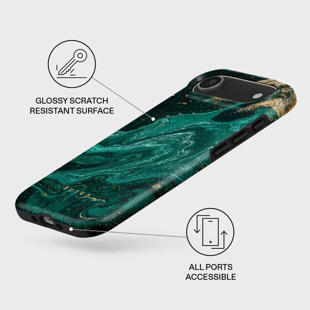 Een telefoonhoesje met een groen marmerontwerp en gouden spikkels. Het heeft een zwarte rand en is gelabeld met "Glanzend krasbestendig oppervlak".