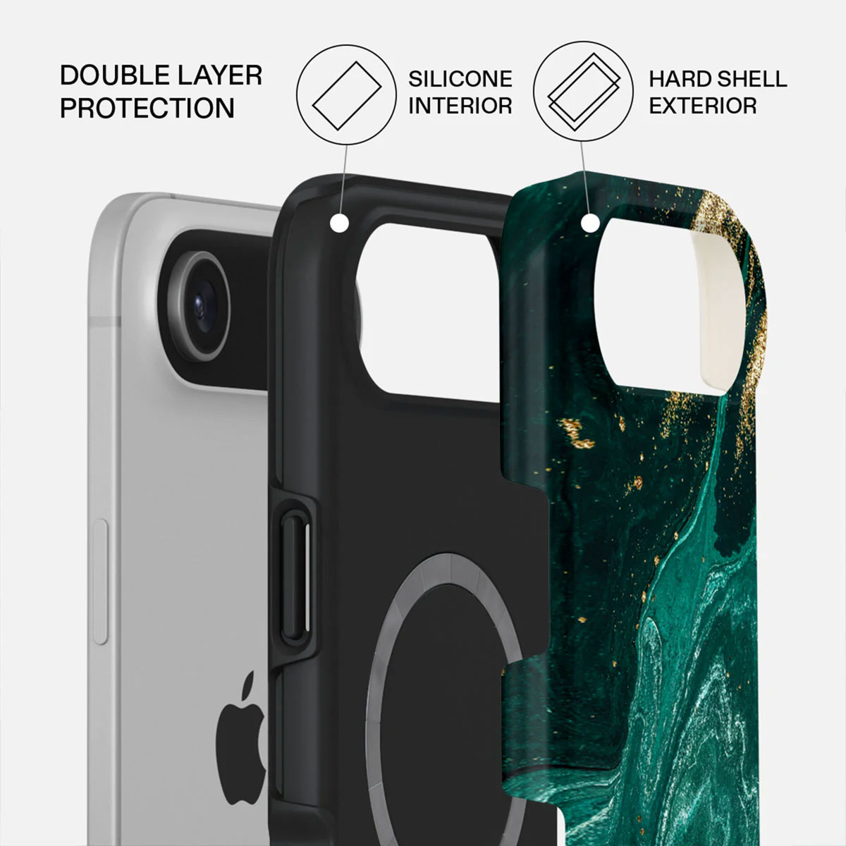 Close-up van een telefoonhoesje met dubbellaagse bescherming. Het heeft een siliconen binnenkant, een harde buitenkant en een iPhone.