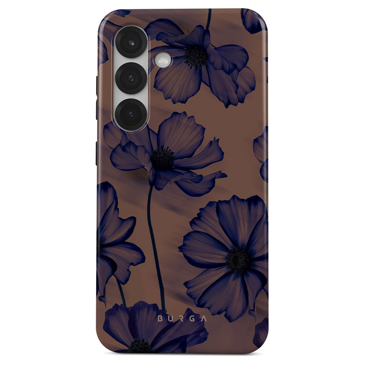 Telefoonhoesje met donkerblauw bloemenpatroon op bruine achtergrond. De hoes heeft een cameramodule linksboven.