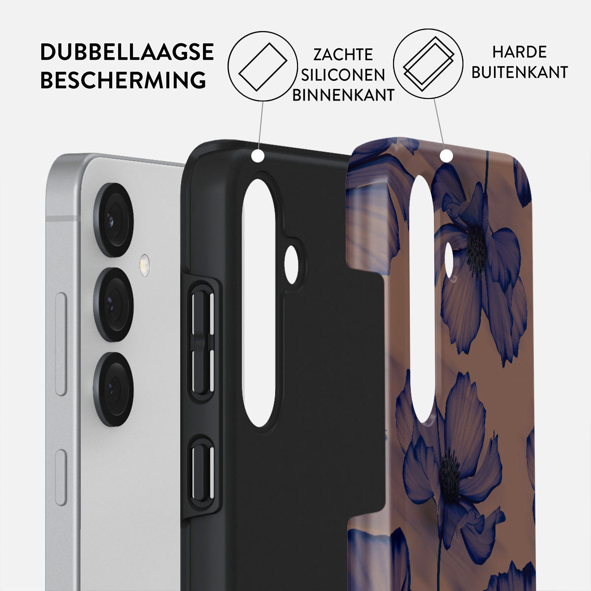 Telefoonhoeslagen. De telefoon, een zwarte laag en een laag met bloemenpatroon worden getoond.